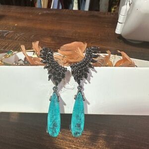 Fine Jewelry Black Gemstone Earrings with Aqua Blue Natural Stone Luxury Jewelry